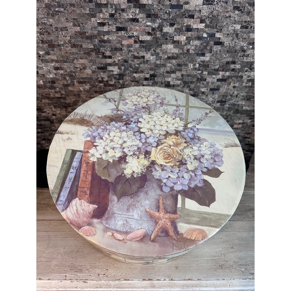Vintage Coastal Hydrangea Seashell Round Decorative Hat Box Storage with Handle